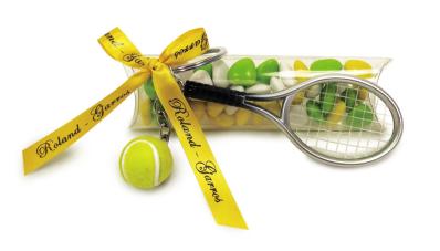 Boite dragées et raquette tennis ruban jaune